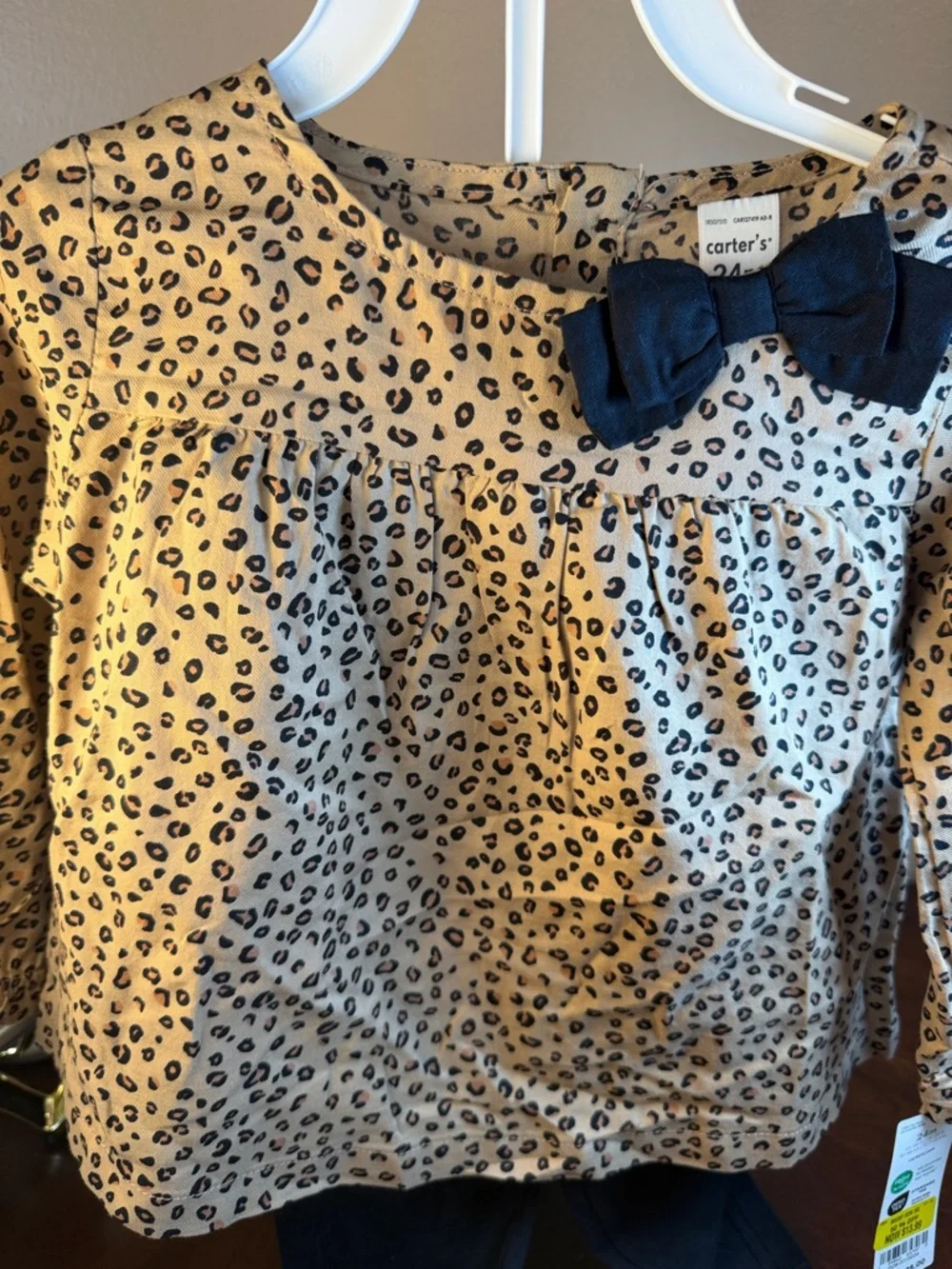 Carter's Tan Leopard Print Long Sleeve Top with‎ Navy Bow Accent
